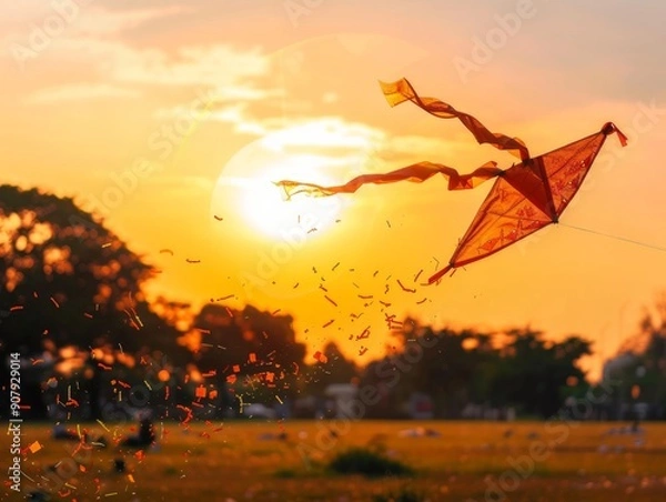 Fototapeta Medium shot of a colorful makarsankranti poster, themed background, bright tonality. 