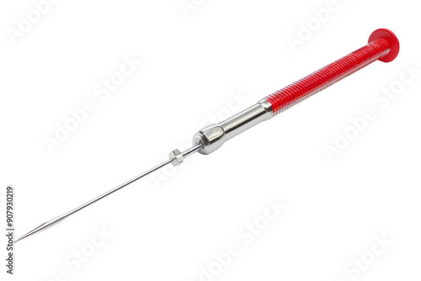 Fototapeta Close-up of a precision screwdriver with a red handle isolated on a white background, perfect for detailing and electronics work.