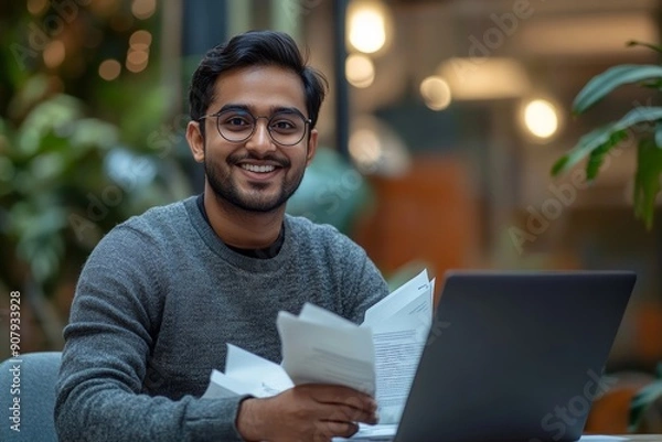 Obraz A smiling young Indian man is working in the office with a laptop and documents, holding papers and talking on a video call with clients and partners, Generative AI