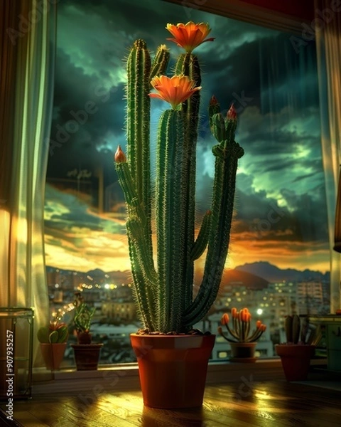Obraz A vibrant cactus in full bloom, beautifully showcased against a dramatic sunset view through a window, enhancing indoor serenity.
