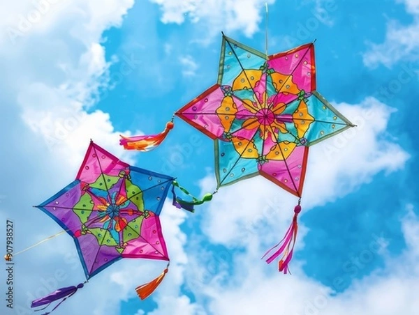 Fototapeta Medium shot of a colorful makarsankranti poster, themed background, bright tonality. 