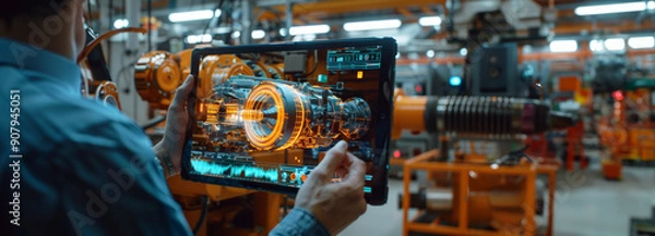 Fototapeta Cutting-edge Engineer Uses AR to Design Electric Generator at Industry 40 R&D Center