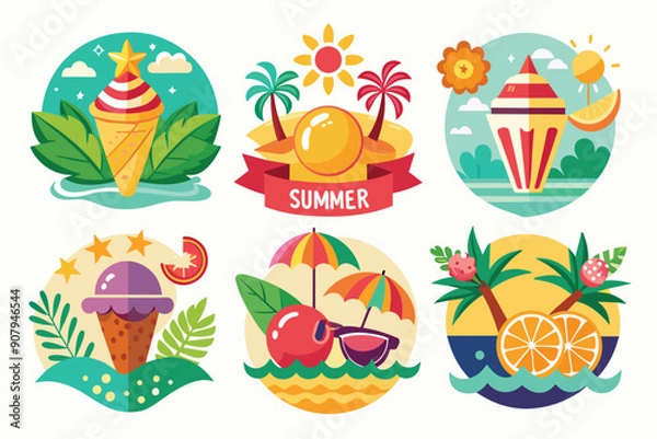 Fototapeta Colorful Summer Icons with Ice Cream, Palm Trees, and Fruit