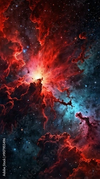 Fototapeta red cosmic nebula abstract background design copy space illustration art