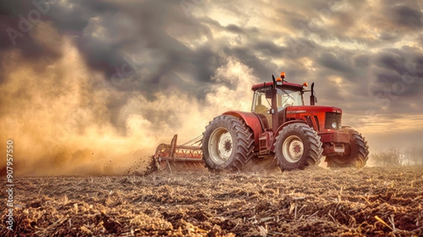Fototapeta A red tractor works the earth, creating dust clouds against a breathtaking sunset sky, embodying the essence of rural life and agricultural dedication