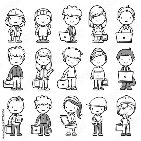 Fototapeta Various stick figure characters engaged in different activities in a fun office environment. Generative AI