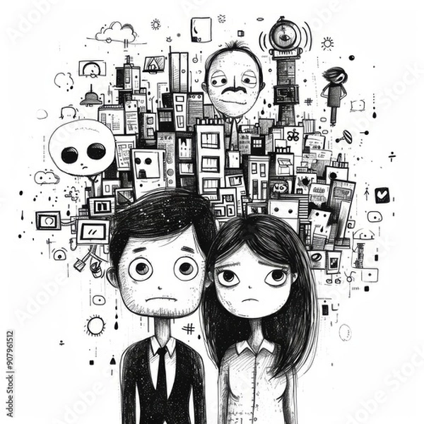 Fototapeta Quirky black and white illustration of businesspeople surrounded by urban chaos. Generative AI