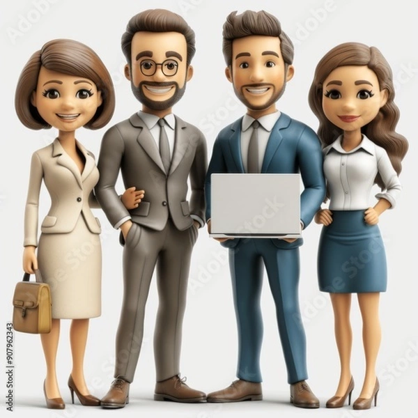 Fototapeta Four animated stick figure characters in business attire on white background at a professional work event. Generative AI
