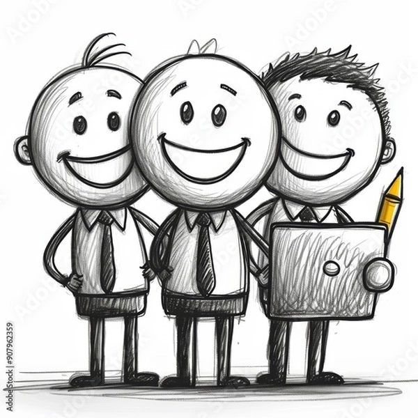 Fototapeta Three animated stick figure characters smiling together in office attire on white background. Generative AI