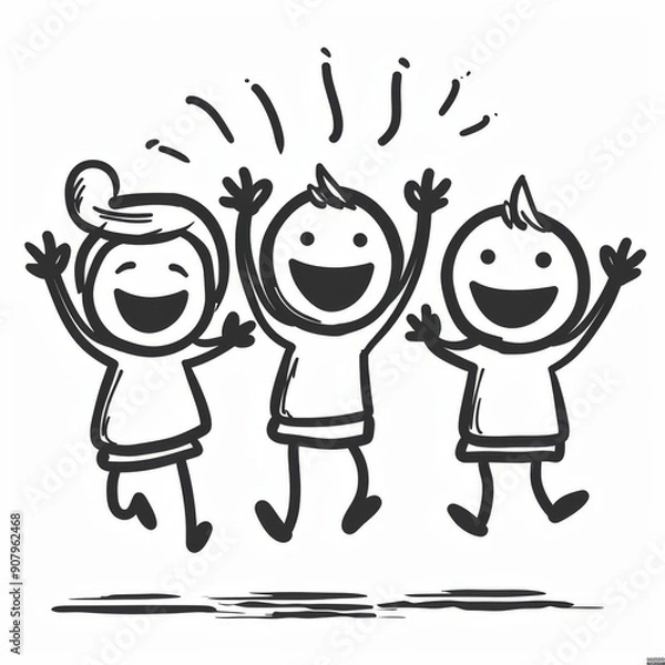 Fototapeta Animated stick figure characters celebrating joyfully against a simple white background. Jump in joy. Generative AI