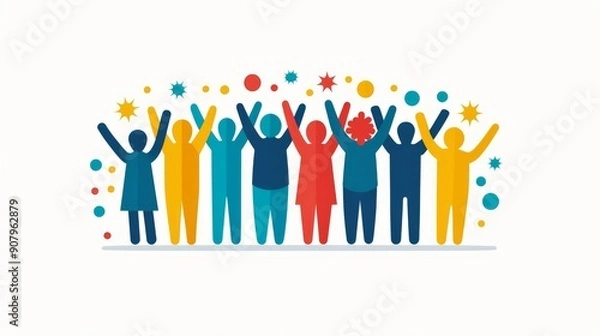 Fototapeta Cheerful group of people celebrating together with hands raised in joyful enthusiasm. Generative AI