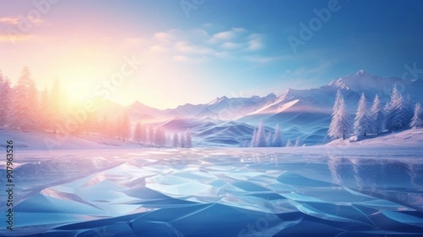 Fototapeta Serene winter landscape with ice and snow under a bright sunny gradient sky. Generative AI