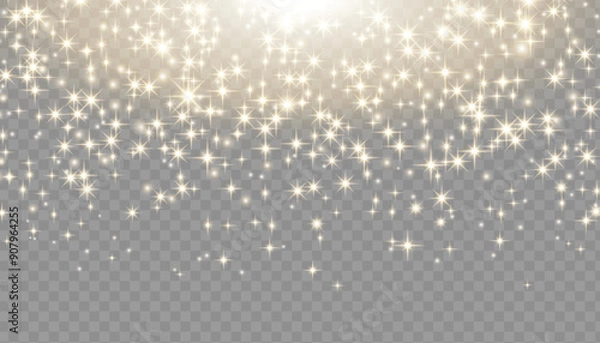 Fototapeta Sparkling magical dust particles. Flying particles of light. Christmas light bokeh confetti effect. Glitter gold stardust particles shine effect on png background. Vector sparkle texture illustration