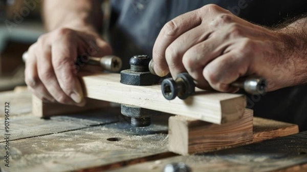 Fototapeta Hands of a Carpenter Working on Wood