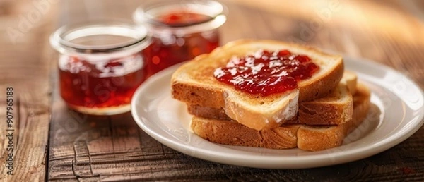 Fototapeta Delicious breakfast toast with strawberry jam and butter.
