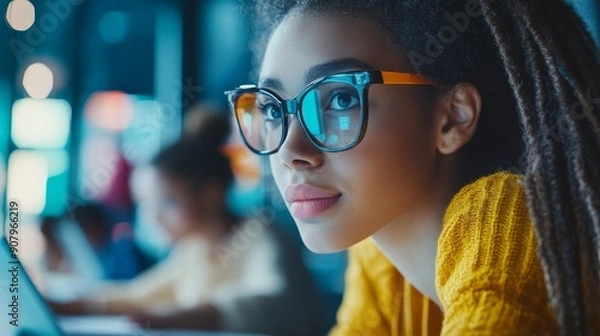 Fototapeta A young woman with glasses and dreadlocks looks confidently into the distance, symbolizing ambition, progress, technology, vision, and potential.