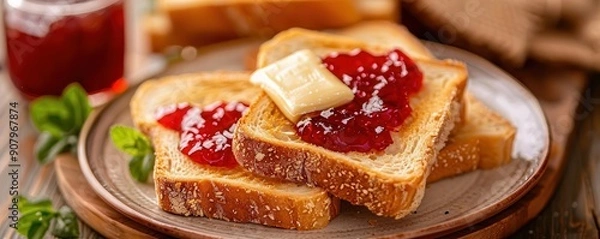 Fototapeta Delicious breakfast toast with strawberry jam and butter.