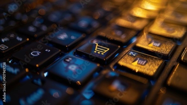 Fototapeta Close-up of shopping cart icon on keyboard.