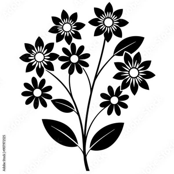 Fototapeta Flat color blooming Flowers with branch vector silhouette