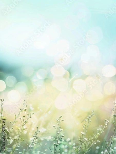 Fototapeta A field of grass with a blue sky in the background. The grass is wet and the sky is bright and clear