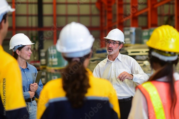Obraz Professional Caucasian manager engineer wearing safety hardhat is training industry worker, workshop factory operator, mechanical engineering team production in heavy industrial manufacture factory.