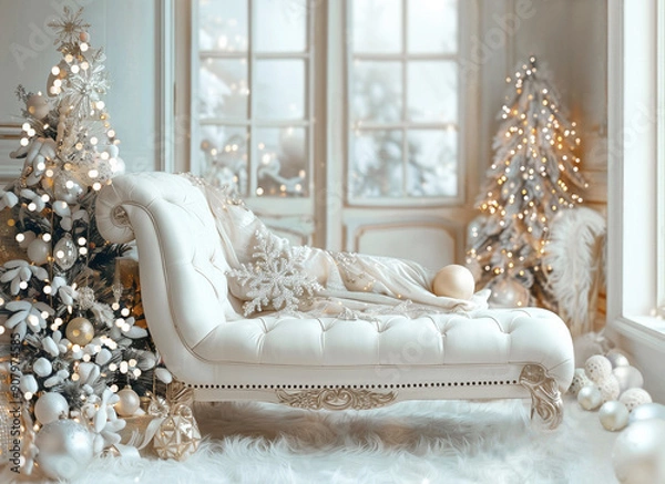 Obraz White Christmas Couch Inside Home Backdrop Generated with AI.