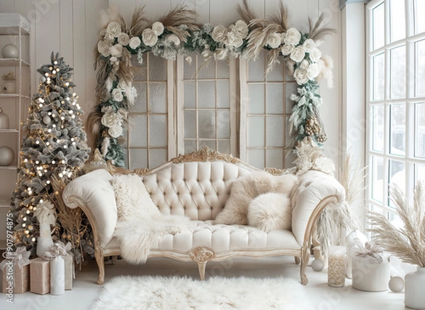 Obraz White Christmas Couch in Living Room Scene generated with AI.
