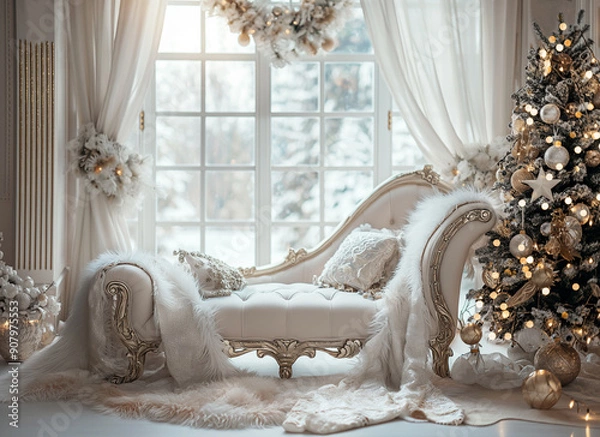 Obraz White Christmas Couch with Window in Living Room Scene Generated with AI.