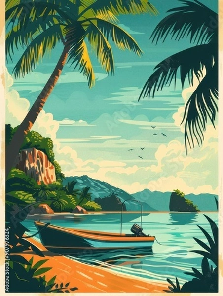 Fototapeta Serene tropical beach with a boat anchored by the shore, surrounded by lush palm trees and clear blue waters under a bright sky.