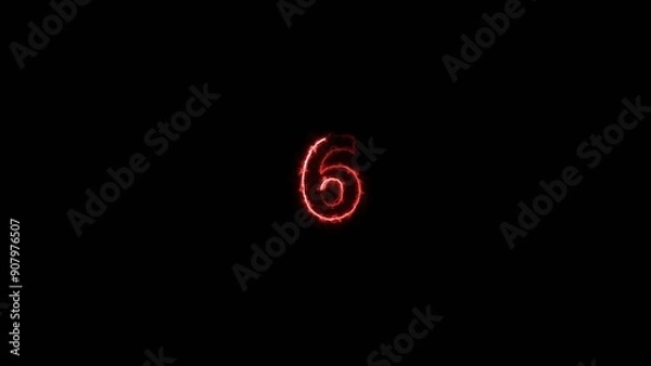 Fototapeta countdown timer neon glowing red color six 4k illustration on black background. six seconds timer 4k illustration.