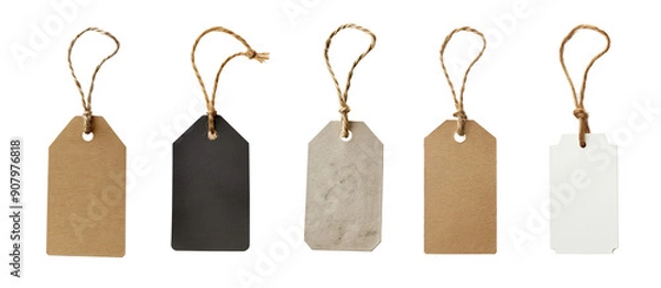 Fototapeta Carton paper label tags, with natural linen string cord knot. Different coloured versions, isolated on transparent background. Generative AI
