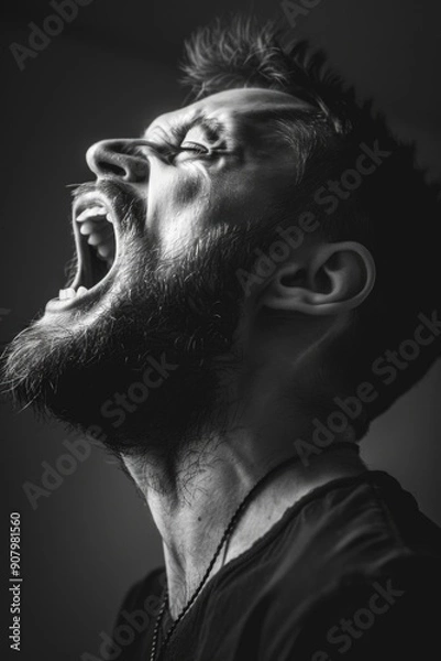 Fototapeta A man with a beard is screaming. The image is in black and white. The man's face is the main focus of the image