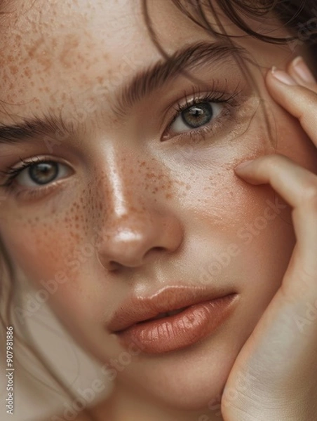 Fototapeta A woman with green eyes and red hair is posing for a picture. She has a lot of freckles on her face and is wearing makeup
