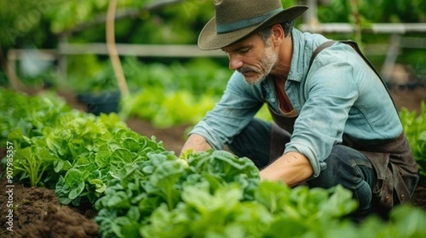 Fototapeta The farmer kneels by a row of leafy greens, inspecting for pests and ensuring the health of the plants. The dedication to maintaining a pest-free environment without chemicals is evident in their