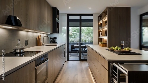 Obraz This galley kitchen showcases innovative storage and a sleek, functional design