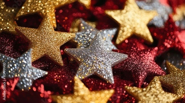 Fototapeta A close-up shot of a collection of gold, silver, and red star ornaments. These stars symbolize celebration, joy, and festive spirit. They also represent hope, dreams, and good luck. The image captures