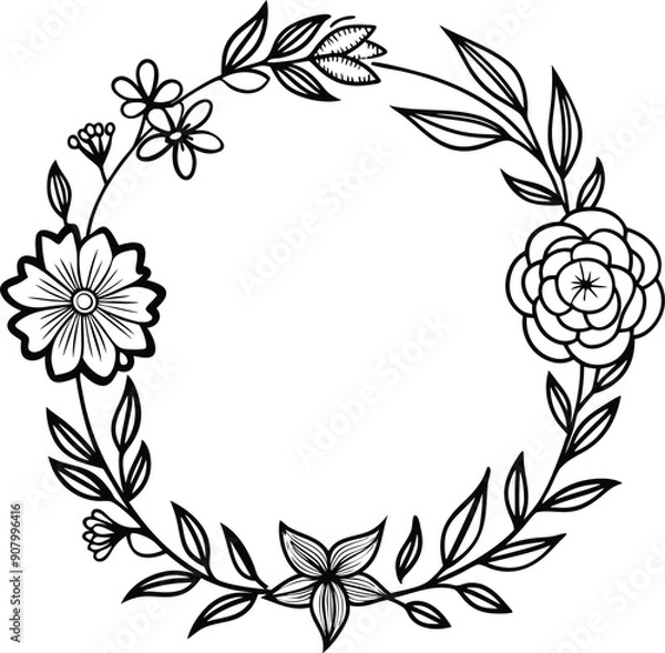 Fototapeta Hand drawn floral frame outline black and white
