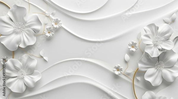 Obraz The white background with a pattern of flowers and lines in relief. Luxury elegant background abstraction fabric. 3d illustration.