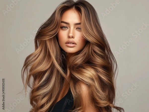 Fototapeta woman with luxurious, long hair styled in voluminous waves, displaying a seamless blend of hues from shatush and balayage coloring, with a serene expression and a simple,