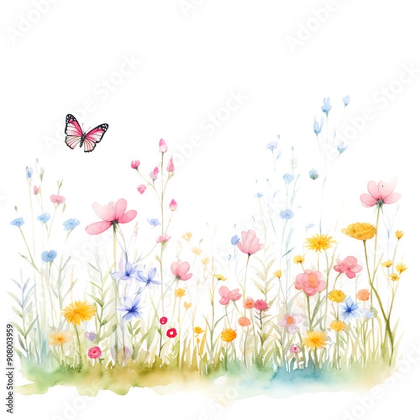 Obraz A vibrant watercolor meadow with wildflowers and a butterfly, capturing the essence of springtime beauty and nature's tranquility.