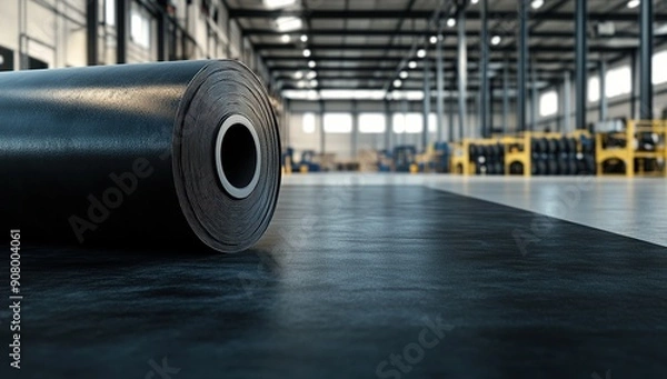 Fototapeta Black rubber roll on industrial floor in factory setting