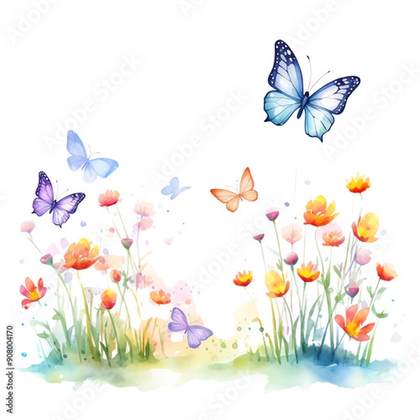 Obraz Colorful butterflies fluttering over a vibrant meadow of blooming flowers, capturing the beauty of nature in a lively watercolor illustration.