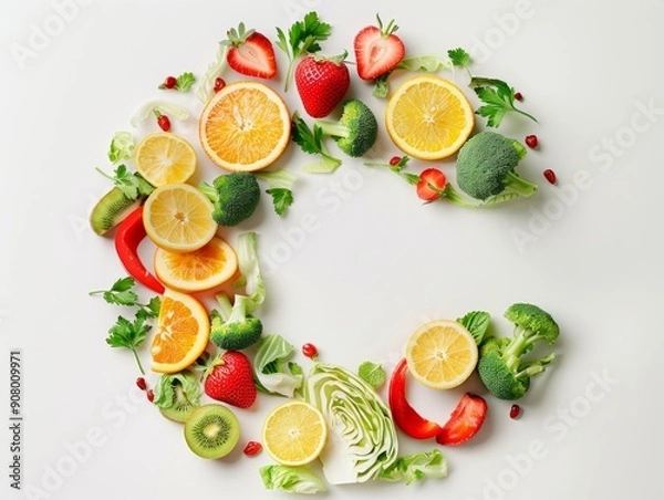 Fototapeta Medium shot of products 'citrus fruits (oranges, lemons), strawberries, kiwi, broccoli, peppers, cabbage' form a letter 'C', themed background,