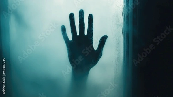Fototapeta Creepy shadow of a hand on a foggy window, dimly lit room, copy space