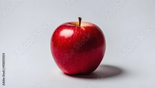 Fototapeta A single red apple with leaves on a white background, the apple is smooth and shiny, and the leaves are green and bright.