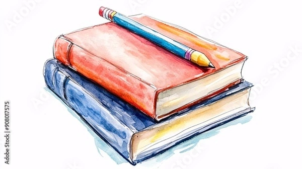 Fototapeta A vibrant watercolor illustration of two stacked books, one red and one blue, with a colorful pencil lying on top on white background