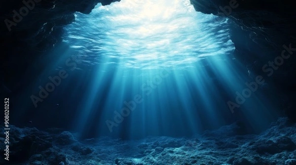 Fototapeta Sunlight beams down into a dark underwater cave, illuminating the rocky seabed.