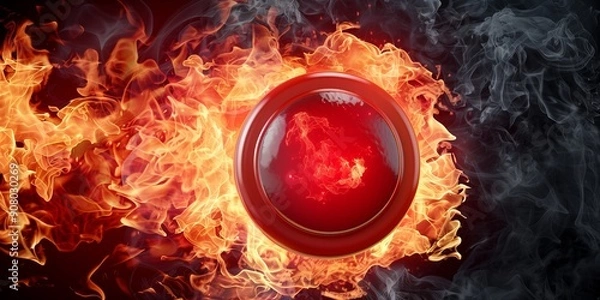 Fototapeta Fiery red button surrounded by swirling flames and smoke, depicting urgency, intensity, and critical situations.