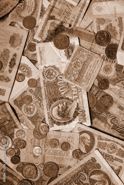 Fototapeta old russian money from the Soviet period background, texture in sepia color