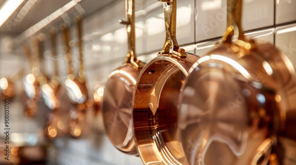 Fototapeta Close-up of a hanging pot rack with shiny copper pots and pans